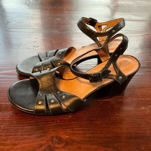 Clarks Sandals Womens‎ Size 9.5M Black Leather Beaded Open Strappy Block Heel